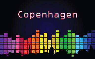 Black panorama of city of Copenhagen on multi colored music equalizer with white colored inscription of the name of the city on black background