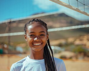 Canvas Print - A young girl smiling while standing in front of a volleyball net. Generative AI.