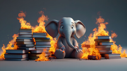 Republican elephant with books on fire education ban political humor Created With Generative Ai