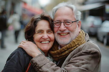 A man and woman are hugging and smiling for the camera