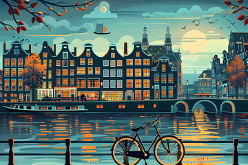 Wall Mural - Illustration of Amsterdam canals with bicycles and colorful houses