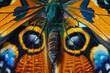 A Close up of the symmetrical patterns and vibrant colors on the wings of butterfly.