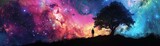 Fototapeta  - A digital art fantasy scene featuring a silhouette of a tree and two figures under a colorful cosmic sky with nebula and of stars.