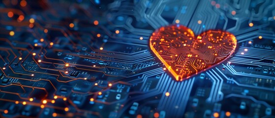A Heart shaped computer chip on dark blue background.Future technology concept.