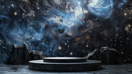 a modern podium for product display with galaxies panorama universe many beautiful stars background.