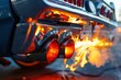 Muscle car exhaust pipes emitting flames high performance action.