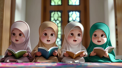 Poster - Muslim kids. Islamic children cartoon characters.