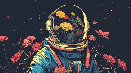 Wall Mural - illustration of an astronaut with flowers generative ai