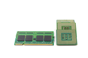 CPU and RAM isolated on a white background. CPU and RAM for a laptop. Set of RAM and processor.
