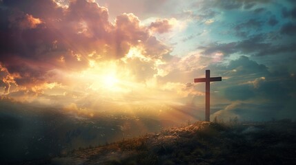 Mount Golgotha, representation of the cross that symbolizes the resurrection of Jesus. generative ai