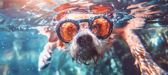 Wall Mural - Playful dog diving underwater in summer fun with pet, close up shot for delightful vacation memories