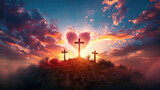 Fototapeta Krajobraz - Easter landscape with three crosses on hill, crucifixion of Jesus Christ with heart from the clouds