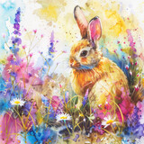 Fototapeta Na drzwi - Watercolor colorful illustration of cute Easter bunny, seasonal greeting card