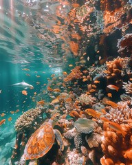 Wall Mural - Turtle Swimming in Sunlit Waters Above a Coral Reef Teeming with Marine Life
