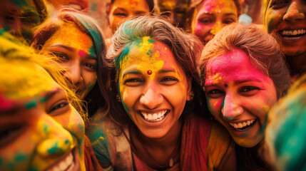 Group of Indian Women Celebrating Holi with Vibrant Colors. Full of Joy and Happiness. 