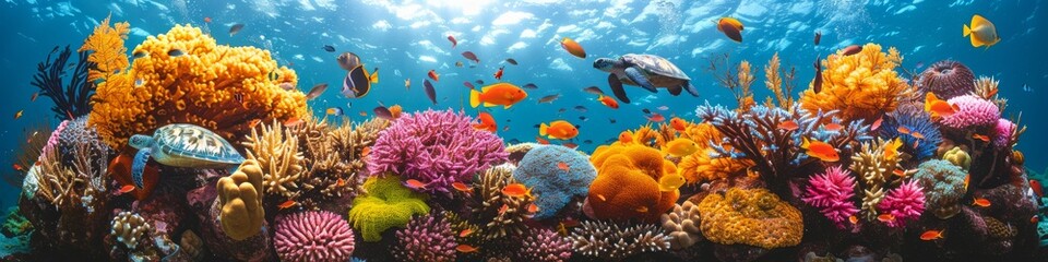 Wall Mural - Panoramic Underwater Splendor: A Vibrant Coral Reef Teeming with Fish Life, Captured in Full Glory Beneath the Ocean's Surface