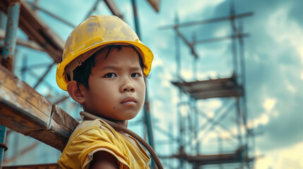 Wall Mural - Child in labor day . Child in construction area. Child building structure. Labor day.