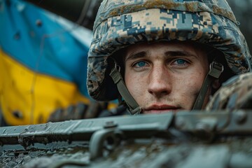 Ukrainian soldier. The concept of the war in Ukraine. Background with selective focus and copy space