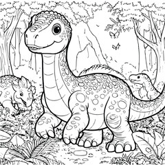 Wall Mural - coloring draw three dinosaur in the jungle illustration background black and white version good for kids