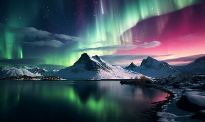 Wall Mural - Aurora borealis in the night sky over Lofoten islands, Norway