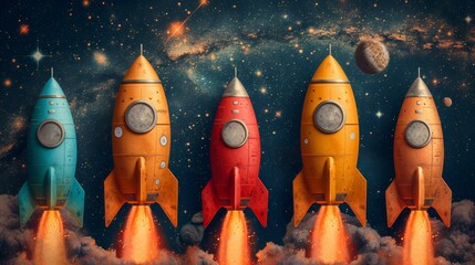 Wall Mural - Colorful rockets launching into starry space
