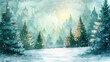 Snowy Winter Forest with Christmas Trees and Glowing Lights Watercolor Illustration 