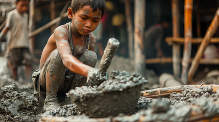 Wall Mural - Child in labor day . Child in construction area mixing concrete. Child building structure. Labor day.