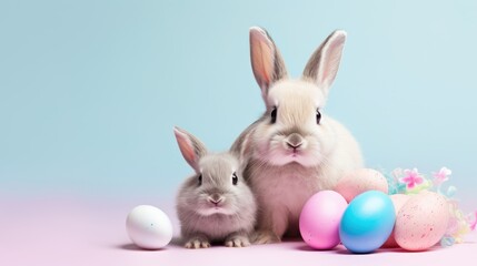 Two cute rabbits with colorful Easter eggs on blue background
