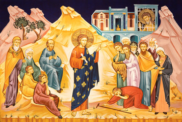 Wall Mural - MILAN, ITALY - MARCH 6, 2024: The icon Jesus in the diaolog with the disciples of John the Baptist  in the church Chiesa dei Santi Nereo e Achilleo by Iulian Rosu.