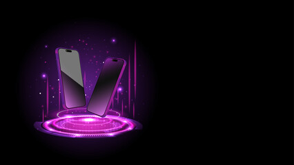 Smartphone and hologram projector. Futuristic 3D cellphone concept with sci-fi digital high-tech elements. Magic circle teleportation podium with a mobile phone. Vector illustration