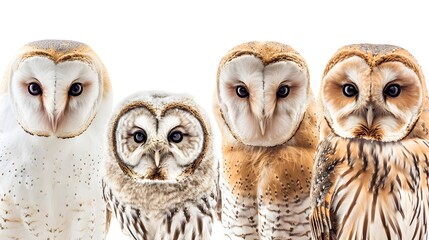 Wall Mural - Collection of portraits of different owl species, barn, eagle, snowy and little owl, isolated on a transparent background