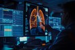 Medical professional examining a high-tech screen with a detailed visualization of a human respiratory system. The advanced pulmonary imaging showcases the bronchial tree structure within the lungs.