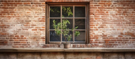 Wall Mural - Old vintage wooden window against a weathered brick wall.