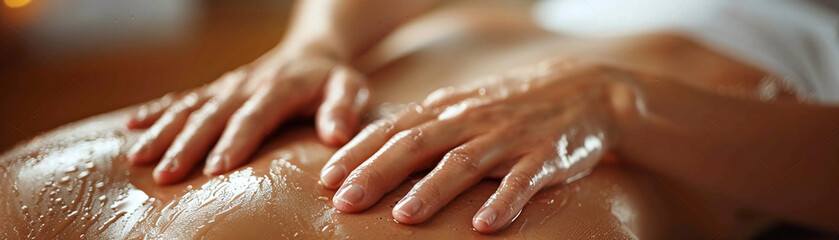 Photo of a Swedish massage session showing the therapists hands gently working on a clients back with long