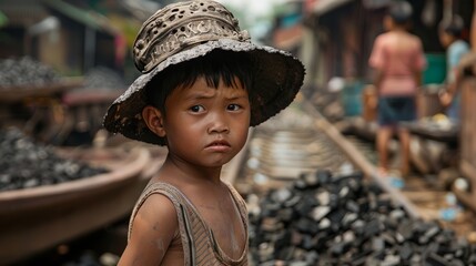 a young asian chinese kid working outdoors on a construction, illegal child labour in terrible working conditions. wallpaper background