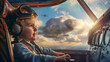 Child in airplane cockpit flying wit sky view. Labor day concept.