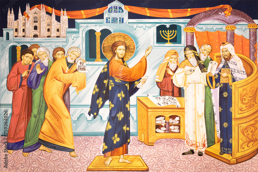 MILAN, ITALY - MARCH 6, 2024: The icon Jesus reproves the Scribes and Pharisees in the church Chiesa dei Santi Nereo e Achilleo by Iulian Rosu.