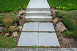 Fototapeta Desenie - Cement walkway and stairs leading from sidewalk to lawn, bordered by dwarf daffodils
