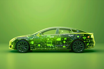 An electric vehicle with a dynamic silhouette, partially covered by an opaque overlay of green tech symbols, against a lime green background.