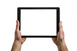 Male handheld tablet computer has a blank white screen and a transparent background. Screen display for mockup.
