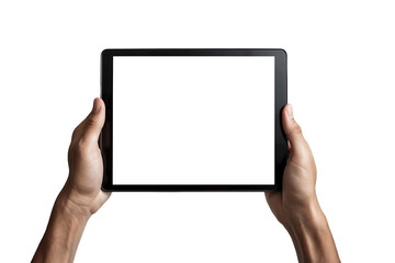 Male handheld tablet computer has a blank white screen and a transparent background. Screen display for mockup.