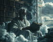 Roman philosopher, Sandals, Stoic philosopher reading scrolls in grand library, Stormy weather, Photography, Dramatic backlighting, Double Exposure
