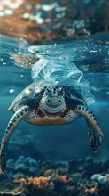 A Sea Turtle Struggles With A Plastic Bag Wrapped Around Its Head