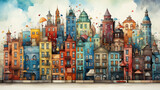 Fototapeta Uliczki - In the watercolor illustration, architectural details from bygone eras, narrow streets, and colorful facades define a historic neighborhood.