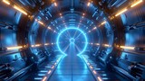 Fototapeta Perspektywa 3d - Futuristic Spaceship Corridor Leading to Glowing Blue Portal of Space