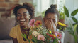 Black Mother with child, Mother`s Day Concept, Two women sit on a cozy couch, surrounded by colorful flowers in full bloom. They share a moment of relaxation and conversation in a beautiful setting