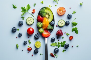 Wall Mural - vegetables and fruits in spoon, vitamins from vegetables and fruits, Healthy food, natural vitamins
