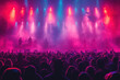 People at a Concert with Bright Blue and Magenta Colours and Lights extreme closeup. Generative AI