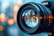 © Degimages - Close-up of a photographer's camera lens reflecting big hall business conference.