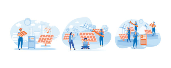 Wall Mural - Solar panel installation concept. Installing solar modules. Scene with professional team and panels. Set flat vector modern illustration